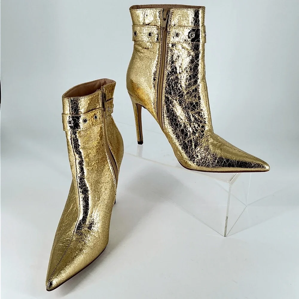 Chase & Chloe Size 8 Gold Metallic Pointed Toe Stiletto Ankle Boots Adonis